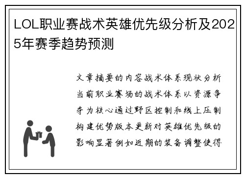 LOL职业赛战术英雄优先级分析及2025年赛季趋势预测